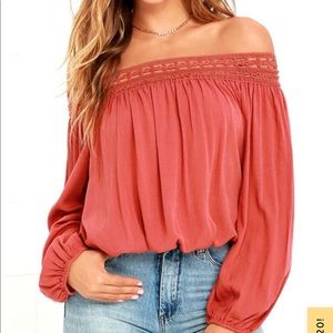 Lulus Festival Day Terra Cotta Lace Off-the-Shoulder Crop Top